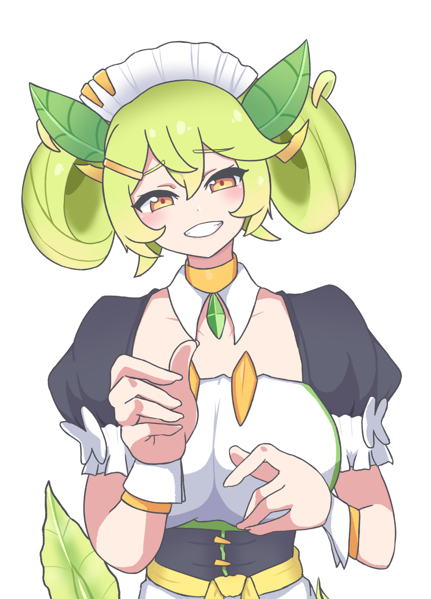 absurdres apron blush breasts clenched_teeth collarbone detached_sleeves dragon_girl dragon_horns dragon_tail duel_monster frilled_apron frilled_sleeves frills green_hair hair_ornament highres horns large_breasts leaf looking_at_viewer maid maid_headdress orange_eyes panatisia parlor_dragonmaid parted_lips short_sleeves simple_background smile tail teeth upper_body white_background wrist_cuffs yu-gi-oh!