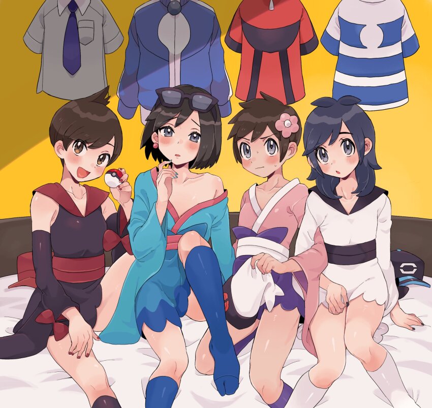 4boys :d :o black_hair black_nails blush brendan_(pokemon) brown_eyes brown_hair calem_(pokemon) closed_mouth commentary_request cosplay crossdressing detached_sleeves earrings elio_(pokemon) eyelashes eyewear_on_head florian_(pokemon) flower furisode furisode_girl_(pokemon) furisode_girl_(pokemon)_(cosplay) furisode_girl_blossom furisode_girl_blossom_(cosplay) furisode_girl_kali furisode_girl_kali_(cosplay) furisode_girl_katherine furisode_girl_katherine_(cosplay) furisode_girl_linnea furisode_girl_linnea_(cosplay) grey_eyes hair_flower hair_ornament hand_up hat highres holding holding_poke_ball indoors japanese_clothes jewelry kimono knees long_hair male_focus multiple_boys nail_polish nintendo open_mouth pink_flower poke_ball poke_ball_(basic) pokemon pokemon_oras pokemon_sm pokemon_sv pokemon_xy sana_(37pisana) shiny_skin short_hair sitting smile socks sunglasses sweat unworn_hat unworn_headwear