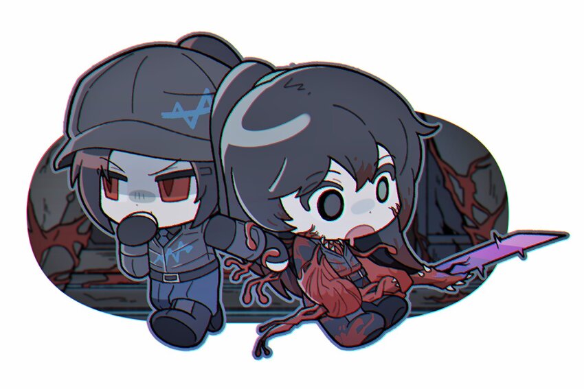 2boys belt black_belt black_boots black_hair black_shirt black_vest blue_necktie blue_pants boots collared_shirt dimension_shredder_(e.g.o) e.g.o_(project_moon) flesh full_body glaive_(polearm) high_ponytail holding holding_polearm holding_weapon hong_lu_(project_moon) jia_huan_(project_moon) limbus_company long_hair multiple_boys necktie open_mouth pants polearm ponytail project_moon red_eyes shirt uuu_(gyojamandu) very_long_hair vest w_corp._(identity)_(project_moon) weapon