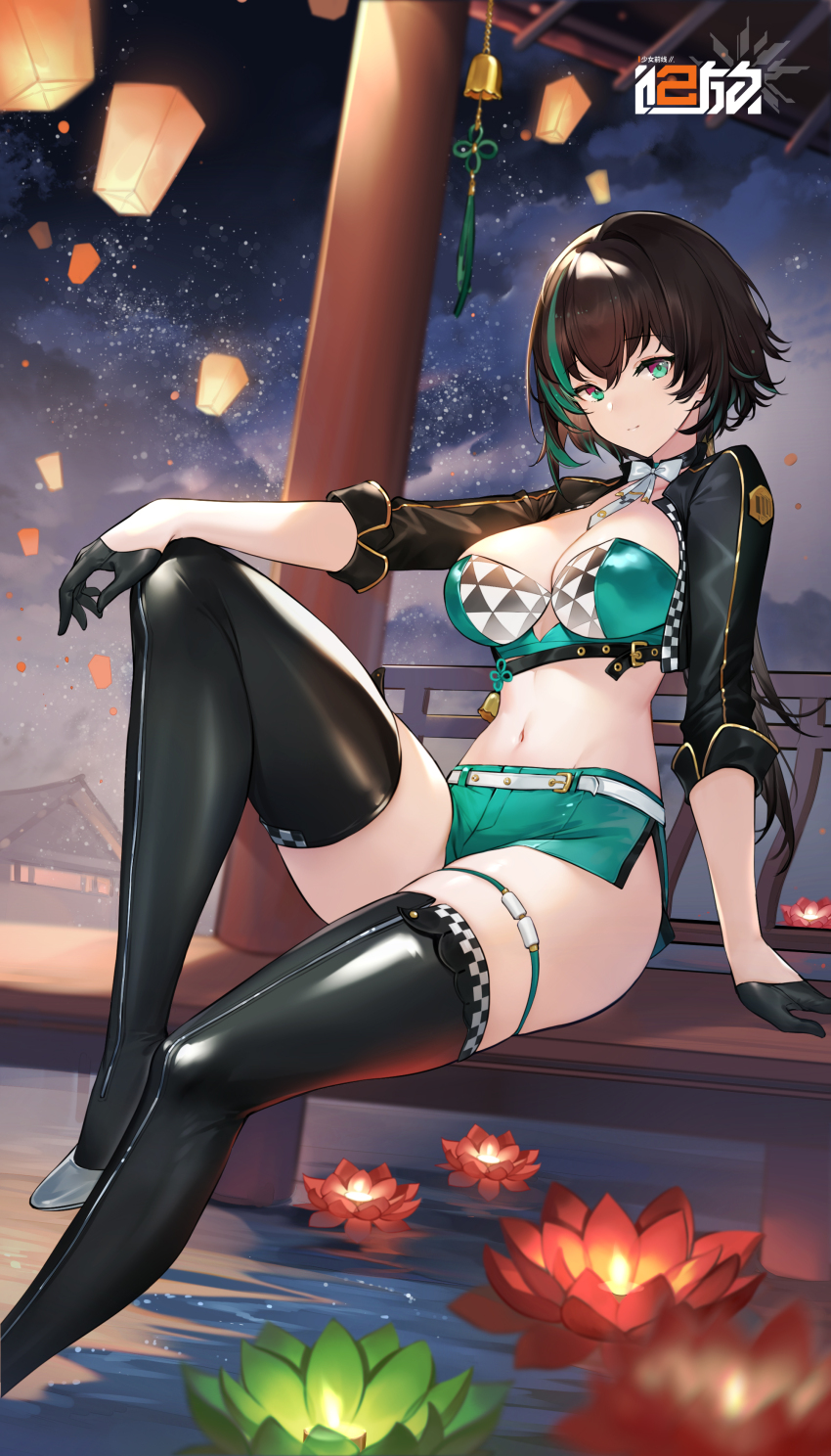 absurdres arm_support artist_request black_gloves black_thighhighs brown_hair chinese_knot copyright_notice flower girls&#039;_frontline girls&#039;_frontline_2:_exilium gloves green_eyes green_hair green_skirt highres knee_up lantern looking_at_viewer lotus night official_alternate_costume official_art paper_lantern pavilion qixi_festival race_queen second-party_source sitting skirt sky star_(sky) starry_sky thighhighs water zhaohui_(girls&#039;_frontline_2)