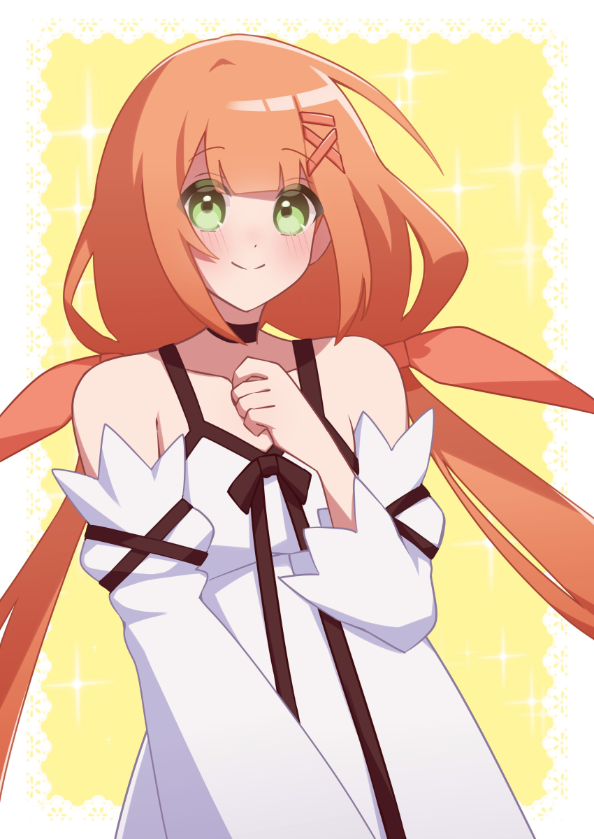1girl absurdres armpit_crease bare_shoulders black_choker black_ribbon blunt_bangs blush breasts choker closed_mouth collarbone detached_sleeves dress green_eyes hair_ornament hair_ribbon highres kingdom_hearts kingdom_hearts_x long_hair long_sleeves looking_at_viewer low_twintails orange_hair orange_ribbon ribbon small_breasts smile solo sparkle sparkle_background strelitzia_(kingdom_hearts) twintails very_long_hair w3n6ev white_dress x_hair_ornament yellow_background