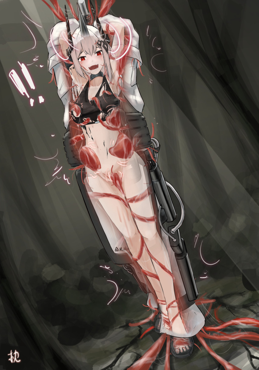 1girl absurdres arknights armor armpits arms_behind_head black_gloves boots breasts choker earrings full_body gloves hair_ornament highres horns infection_monitor_(arknights) jewelry laughing material_growth medium_breasts mudrock_(arknights) navel open_mouth oripathy_lesion_(arknights) parted_lips pillowtrac pointy_ears power_armor red_eyes restrained solo tank_top tentacle_sex tentacles tentacles_under_clothes tickle_torture tickling tickling_armpits tickling_arms tickling_breasts tickling_face tickling_feet tickling_legs tickling_navel tickling_pussy tickling_sides tickling_stomach torn_clothes vaginal white_hair x-ray