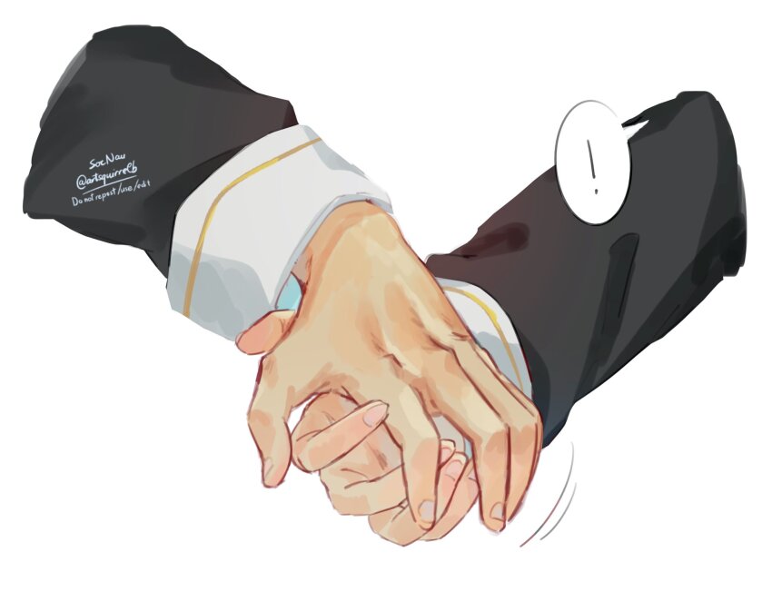 ! 1boy 1girl commentary diluc_(genshin_impact) disembodied_hand english_commentary genshin_impact hand_focus highres imminent_hand_holding jean_(genshin_impact) long_sleeves motion_lines simple_background soc_nau spoken_exclamation_mark twitter_username watermark white_background