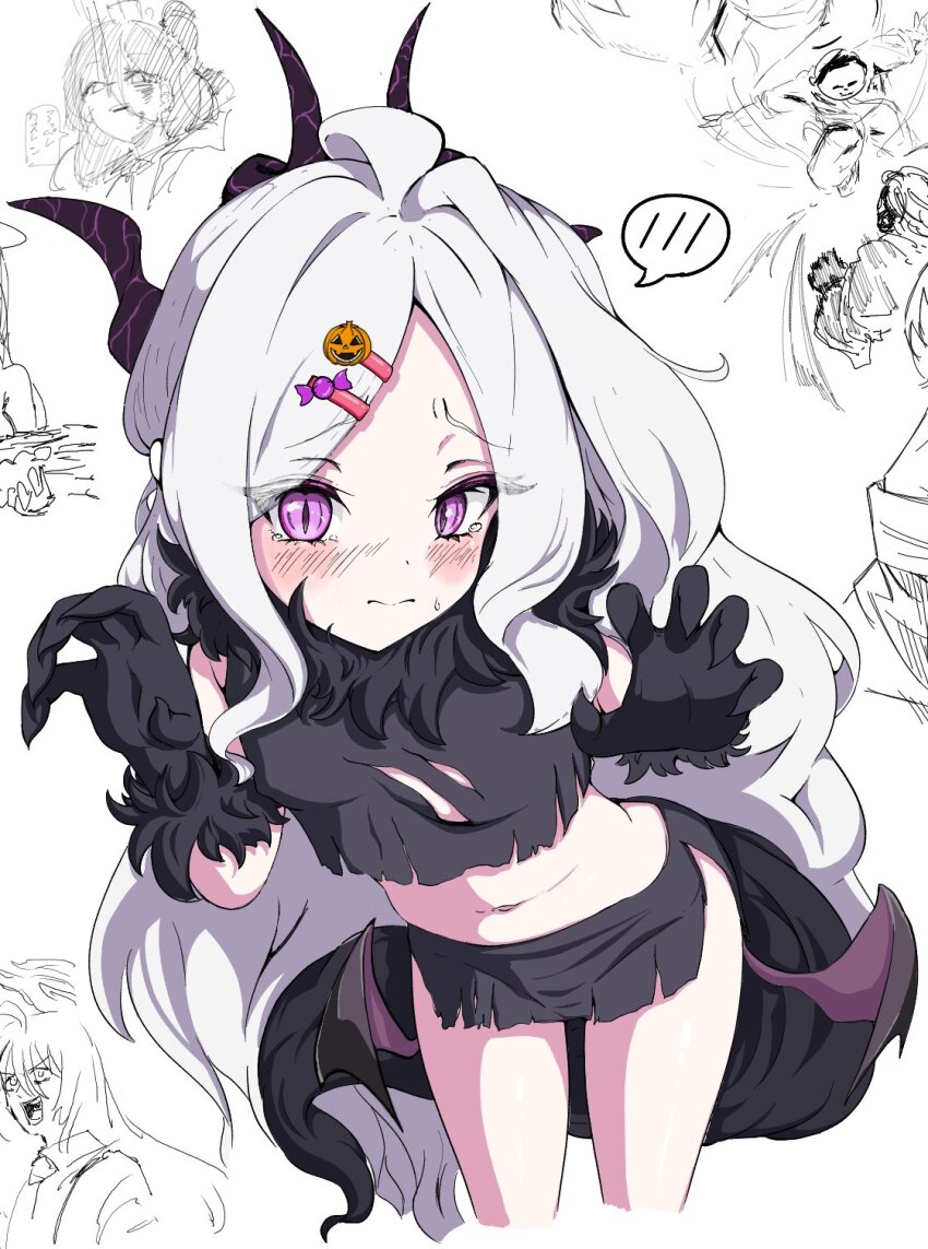 1girl ahoge black_gloves black_shirt black_skirt black_wings blue_archive blush breasts candy_hair_ornament claw_pose closed_mouth cropped_legs crying crying_with_eyes_open demon_girl demon_horns demon_wings dot_nose embarrassed food-themed_hair_ornament fur-trimmed_gloves fur_trim gloves hair_ornament hairclip halloween_costume hands_up highres hina_(blue_archive) horns kazusa_(blue_archive) kazusa_(halloween)_(blue_archive) loli long_hair looking_at_viewer low_wings multiple_horns navel parted_lips pumpkin_hair_ornament purple_eyes rei_hinasuki shirt sidelocks skirt slit_pupils small_breasts split_mouth spoken_blush standing sweatdrop tail tears thighs torn_clothes torn_shirt torn_skirt very_long_hair werewolf_costume white_hair wings wolf_tail