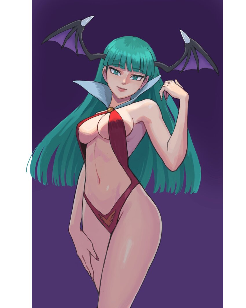 1girl absurdres alternate_costume aqua_eyes aqua_hair bare_arms bare_legs bare_shoulders blunt_bangs breasts capcom closed_mouth cosplay crossed_legs crossover darkstalkers eyebrows_hidden_by_hair gradient_background hand_up head_tilt head_wings highres lips long_hair looking_at_viewer matching_hair/eyes medium_breasts morrigan_aensland nail_polish neck red_nails revealing_clothes smile solo standing straight_hair swimsuit vampirella vampirella_(character) vampirella_(character)_(cosplay) watcher_hollow wings