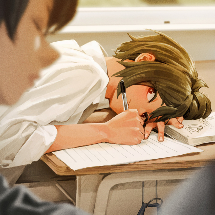 2girls blurry book brown_hair classroom depth_of_field harrywang37 highres holding holding_pen looking_at_another multiple_girls open_book original pen school_uniform shirt short_hair textbook tomboy white_shirt