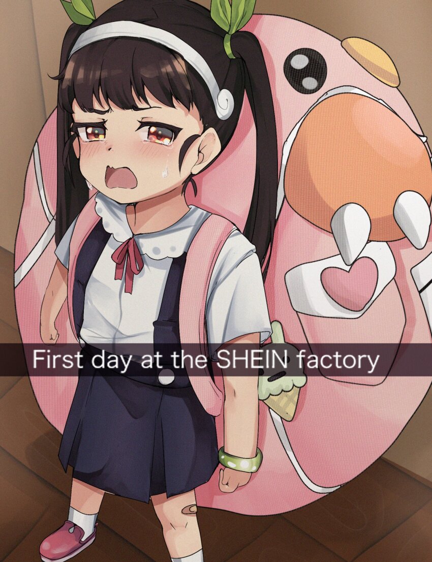 1girl arms_at_sides backpack bag black_hair blue_skirt blush child crying crying_with_eyes_open dot_nose english_text eyelashes female_focus flat_chest foot_out_of_frame from_above hachikuji_mayoi half-closed_eyes highres long_hair looking_at_viewer looking_up meemz_a monogatari_(series) open_mouth photo-referenced pink_shoes red_eyes sand shirt shoes short_sleeves skirt socks solo standing tears twintails white_shirt white_socks