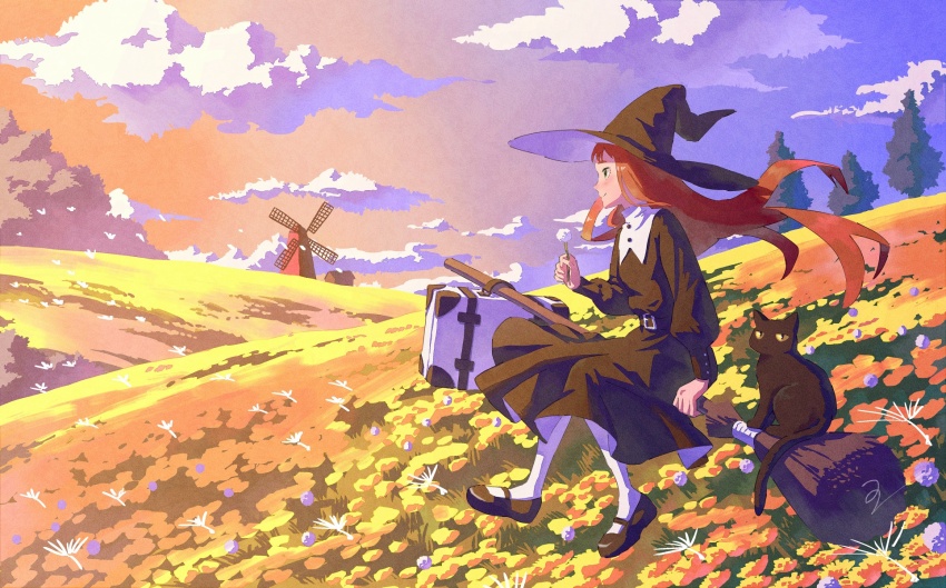 1girl belt belt_buckle black_cat black_dress black_shoes blue_sky blush broom broom_riding buckle building cat closed_mouth cloud dandelion dandelion_seed dress evening field floating_hair flower from_side full_body gradient_sky hat highres hill holding holding_flower ito_yoshi landscape long_hair long_sleeves looking_at_viewer mary_janes orange_hair orange_sky original outdoors pantyhose scenery shoes sitting sky smile solo suitcase sunset tree white_pantyhose windmill wispy_bangs witch witch_hat