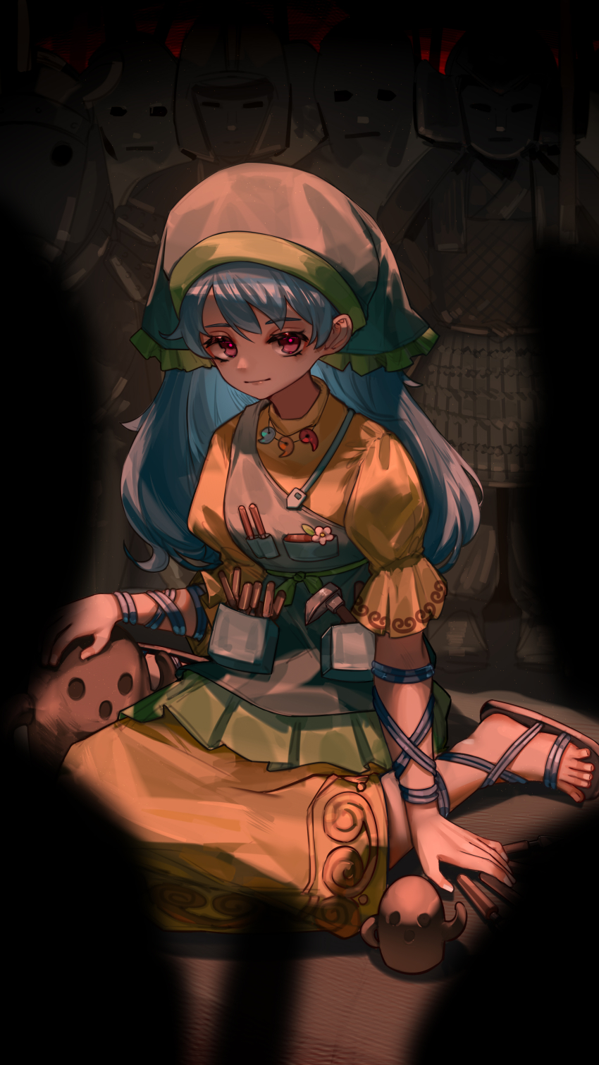 1girl absurdres apron blue_hair brown_sandals closed_mouth commentary_request dress green_headscarf haniwa_(statue) haniyasushin_keiki headscarf highres jewelry kourou_(kouroukun) long_hair looking_at_viewer magatama magatama_necklace necklace pink_eyes puffy_short_sleeves puffy_sleeves sandals short_sleeves sitting solo touhou yellow_apron yellow_dress
