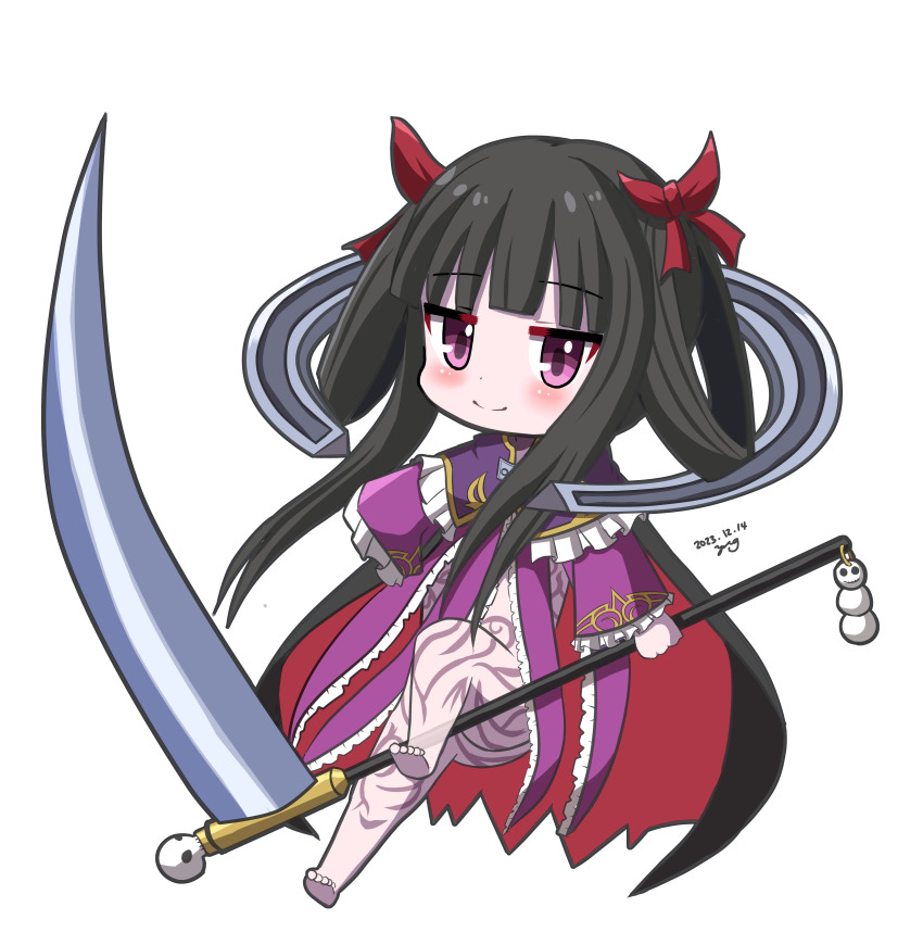 1girl absurdres barefoot black_cloak black_hair body_markings cloak coat death_alma emil_chronicle_online frilled_coat frills ghost_girl hair_ribbon hair_rings highres holding holding_scythe purple_coat purple_eyes red_ribbon ribbon scythe shinigami weapon yanapy