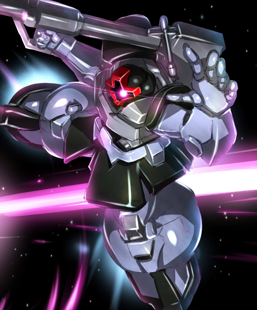 beam fujikusa gundam highres holding holding_weapon mecha mobile_suit_gundam no_humans rick_dom robot rocket_launcher space weapon