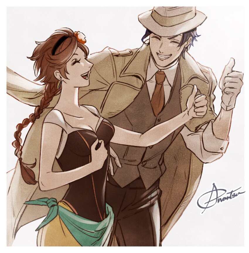 1boy 1girl agnea_bristarni anonatsutods arm_up black_headband black_pants black_vest braid breasts brown_hair cleavage closed_eyes collared_shirt commentary cropped_legs dress ear_piercing earrings flower gloves green_sash grin hair_flower hair_ornament hand_on_own_chest hashtag-only_commentary hat headband highres jacket jacket_on_shoulders jewelry layered_clothes long_braid long_hair multicolored_dress necktie octopath_traveler octopath_traveler_ii open_mouth pants partitio_yellowil piercing red_flower red_necktie sash shirt signature simple_background single_braid single_earring smile teeth thumbs_up tongue undershirt upper_teeth_only vest white_background white_gloves white_hat white_shirt white_wrist_cuffs wing_collar wrist_cuffs yellow_jacket