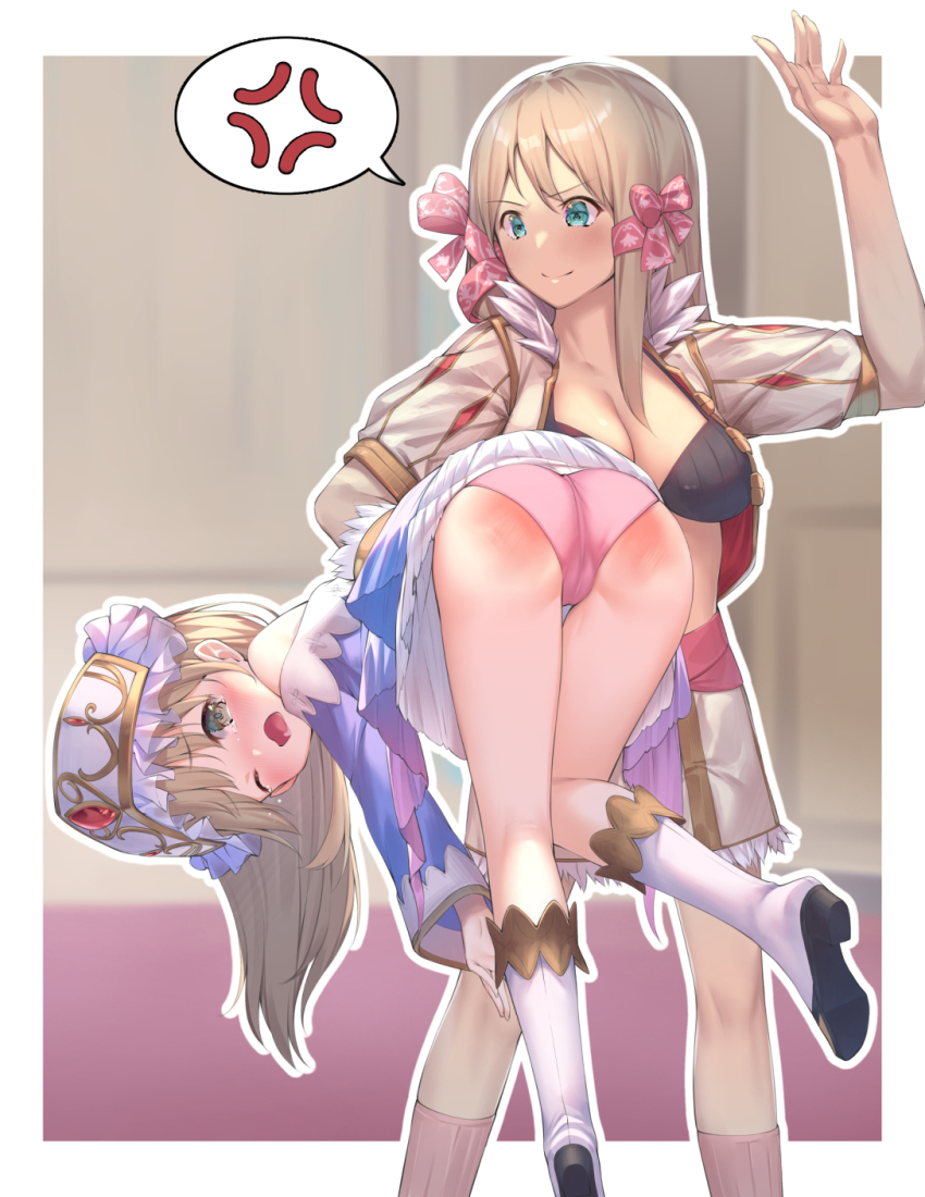 anger_vein aqua_eyes ass atelier_(series) atelier_totori bent_over black_bra blonde_hair boots bow bra breasts brown_eyes cameltoe carrying carrying_under_arm cat_cube cleavage clothes_lift collarbone crying dress fingernails frilled_dress frills gold_trim hand_up highres humiliation jacket kneepits large_breasts lifting_person long_hair medium_hair mervia_siebel one_eye_closed open_clothes open_jacket open_mouth outline panties pink_panties skirt skirt_lift spanked spanking speech_bubble standing teeth totooria_helmold underwear white_footwear white_outline