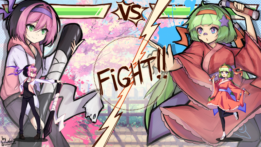 2girls :d ahoge artist_name black_hair black_pants black_pantyhose black_sandals black_shoes blue_eyes bob_cut breasts cherry_blossoms collarbone colored_bangs commentary contest_winner dual_wielding english_commentary english_text fighting_game full_body green_eyes green_hair hair_between_eyes hair_intakes hair_ornament headband health_bar highres holding holding_nunchaku holding_stylus holding_weapon hood hooded_jacket jacket japanese_clothes kimono leenarieart leg_up long_hair low_twintails medium_breasts mocha_(osu!) multiple_girls multiple_views nunchaku open_clothes open_jacket open_mouth osu! outdoors oversized_object paint_splatter pants pantyhose pink_hair pink_jacket pippi_(osu!) purple_headband raised_eyebrow red_headband red_kimono sandals second-party_source shoes short_hair smile socks socks_over_pantyhose standing star-shaped_pupils star_(symbol) star_hair_ornament stylus symbol-shaped_pupils tabi twintails twitter_username unconventional_weapon v-shaped_eyebrows very_long_hair vs weapon white_socks