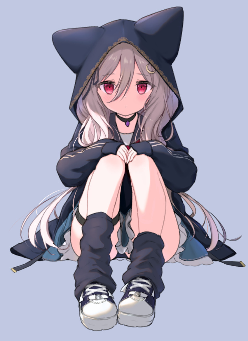 1girl absurdres animal_ear_hood black_panties fake_animal_ears full_body grey_hair hair_between_eyes highres hood jacket jia_wenyuan long_hair loose_socks panties pantyshot red_eyes shadowverse shoes signa_(shadowverse) sitting skirt sneakers socks solo underwear