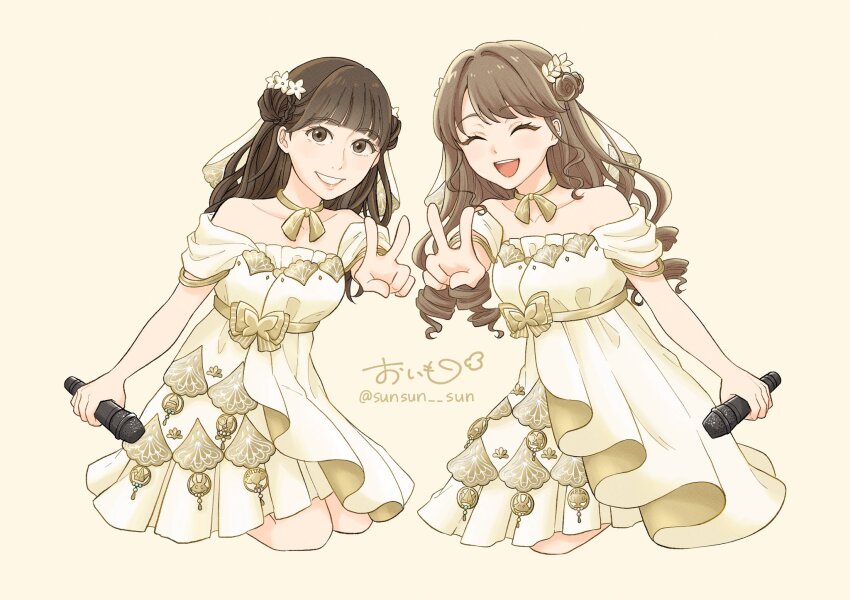 2girls 4th_live_dream_~bloom_the_dream_believers~ :d ^_^ animification bare_shoulders blunt_bangs brown_eyes brown_hair bun_with_braided_base closed_eyes collarbone commentary_request double_bun dress facing_viewer flower flower-shaped_hair flower_stand_art frilled_dress frills fujishima_megumi full_body grin hair_bun hair_flower hair_ornament highres holding holding_microphone itsudemo_itsumademo_(love_live!) link!_like!_love_live! long_hair looking_at_viewer love_live! microphone multiple_girls off-shoulder_dress off_shoulder official_alternate_costume oimo_(sunsun_sun) open_mouth pleated_dress real_life signature simple_background smile teeth tsukine_kona twitter_username upper_teeth_only v virtual_youtuber voice_actor voice_actor_connection white_flower yellow_background yellow_dress
