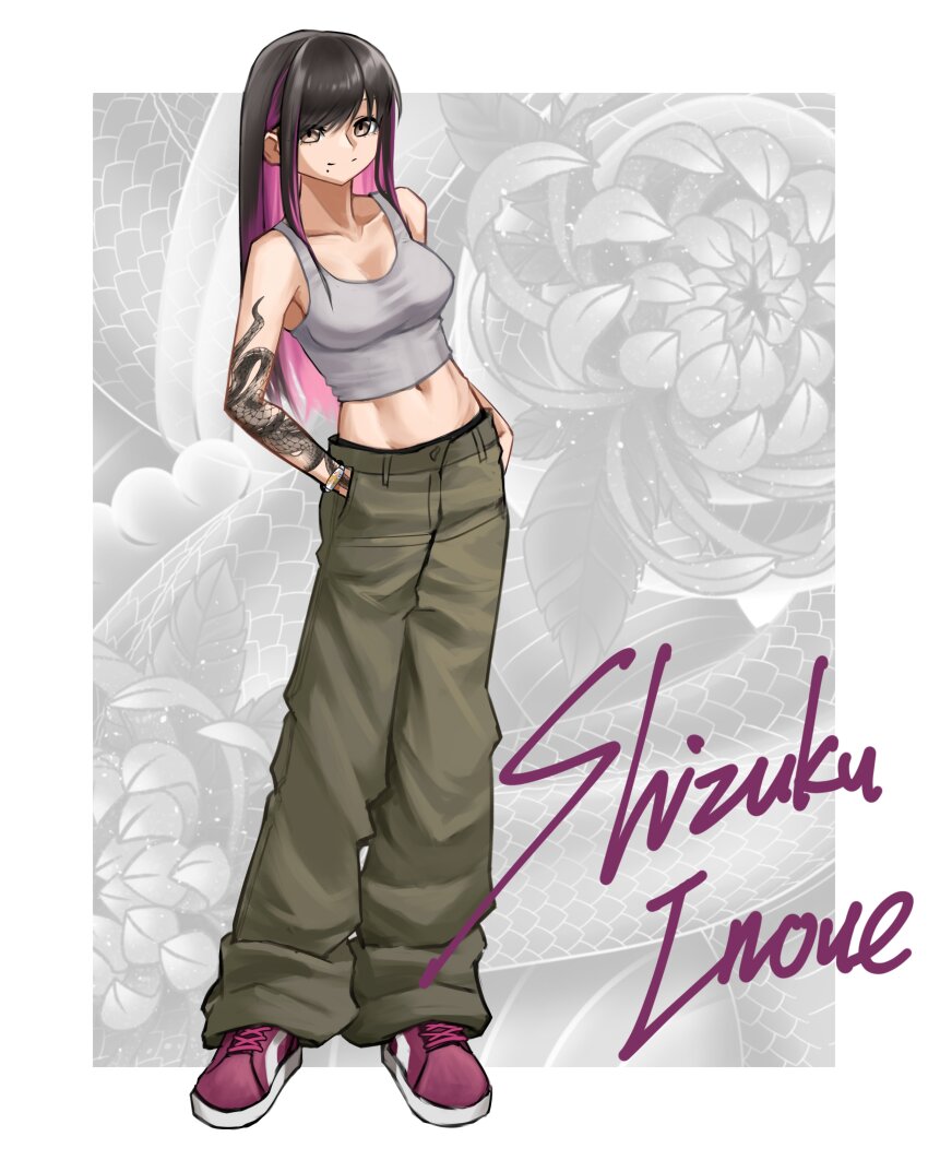absurdres arm_tattoo bracelet breasts brown_eyes cleavage collarbone colored_inner_hair commentary english_commentary full_body green_pants grey_tank_top hair_behind_ear hand_on_own_hip haow highres jewelry leaning_to_the_side looking_at_viewer medium_breasts midriff mole mole_under_mouth multicolored_hair navel original pants pink_hair puma_(brand) purple_footwear shizuku_inoue_(haow) shoes smile sneakers tank_top tattoo