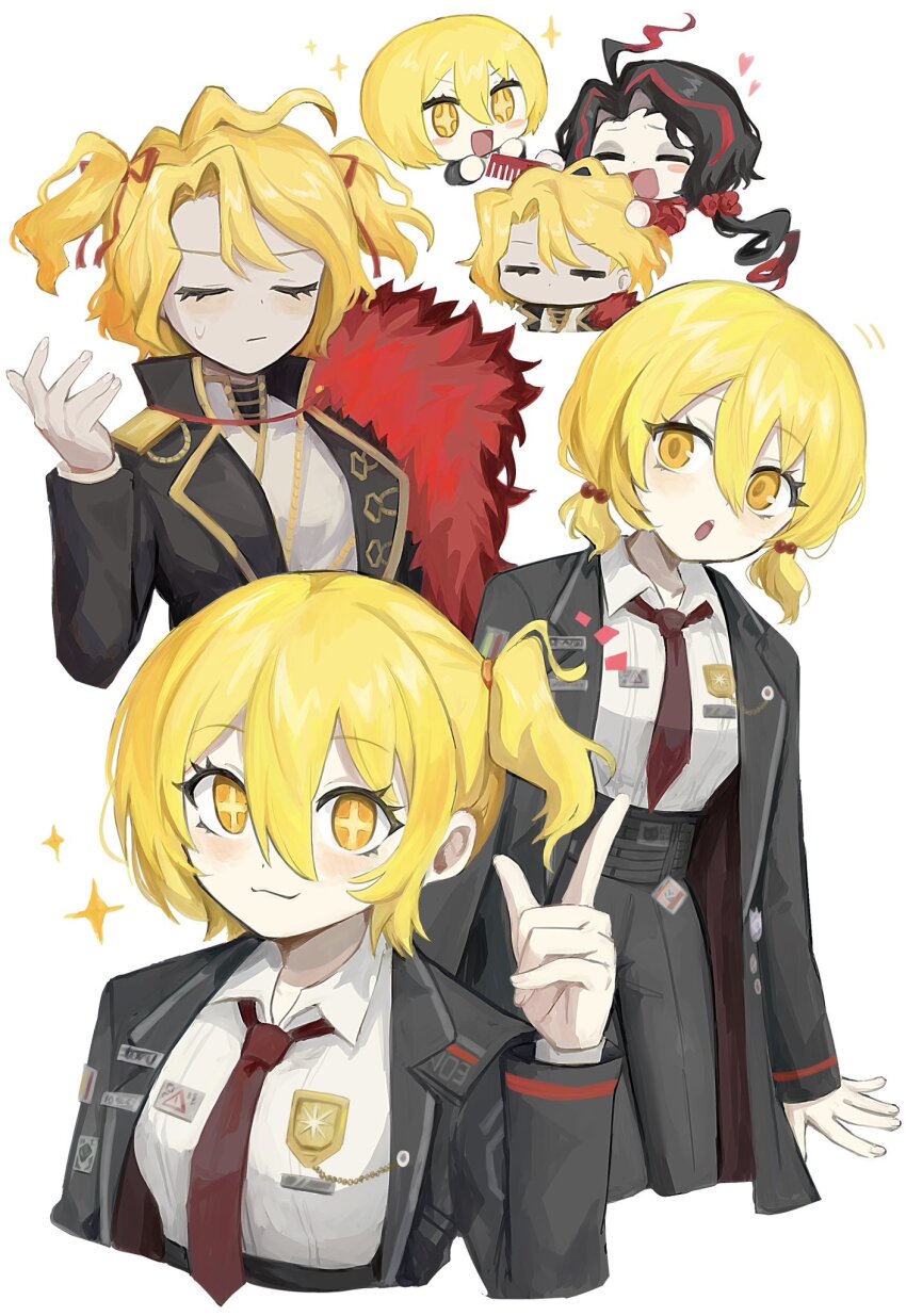 6+girls :3 :d :o ahoge alternate_hairstyle badge black_coat black_hair black_pants blonde_hair blush_stickers bob_cut brushing_hair chibi chibi_inset closed_eyes clothes_pin coat collared_shirt comb cross-shaped_pupils don_quixote_(project_moon) eyelashes feather_boa feathers gold_trim hair_between_eyes hair_bobbles hair_ornament hand_up head_tilt heart highres holding holding_comb laughing light_blush limbus_company looking_at_viewer looking_to_the_side low_twintails multicolored_hair multiple_girls necktie nicolina_(project_moon) no_mouth notice_lines open_mouth pants pin project_moon red_feathers red_hair red_necktie ro/ku sancho_(project_moon) shirt short_twintails simple_background single_sidelock smile sparkle symbol-shaped_pupils teeth twintails two-tone_hair upper_teeth_only wavy_hair white_background white_shirt yellow_eyes