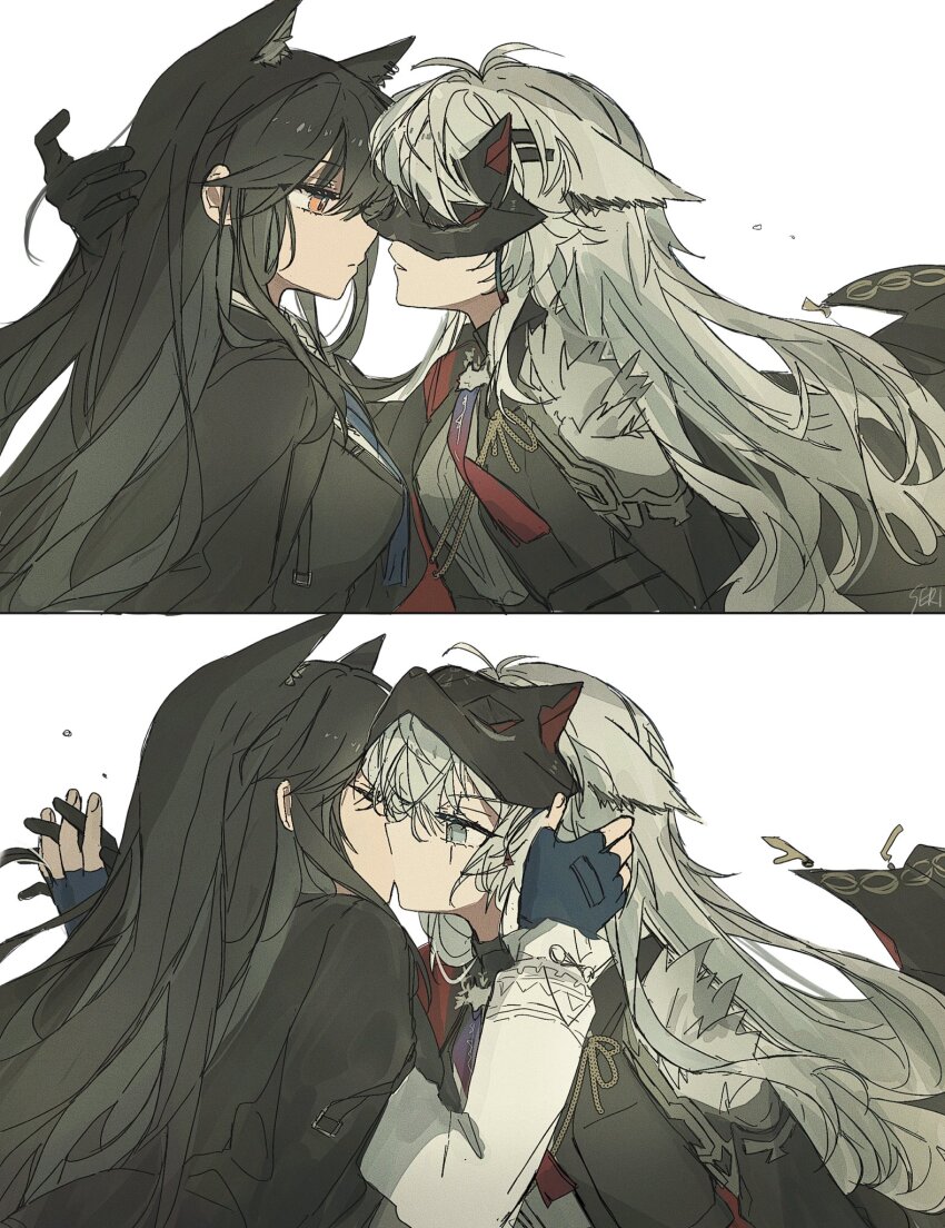 2girls animal_ears arknights black_gloves black_hair black_jacket blue_eyes blue_gloves closed_eyes closed_mouth commentary fingerless_gloves gloves highres holding_hands interlocked_fingers jacket kiss lappland_(arknights) lappland_the_decadenza_(arknights) long_hair long_sleeves mask multiple_girls orange_eyes parted_lips scar scar_across_eye scar_on_face seri_(vyrlw) shirt symbol-only_commentary texas_(arknights) texas_the_omertosa_(arknights) white_shirt wolf_ears yuri