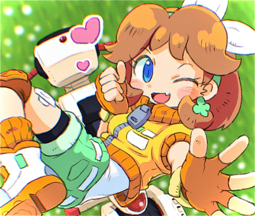 1girl blue_eyes bow brown_hair cropped_jacket earrings fang fingerless_gloves gloves green_shorts hair_bow heart highres ikaheigen jacket jewelry knee_pads mario_(series) mario_kart mario_kart_world nintendo one_eye_closed open_mouth orange_gloves orange_jacket princess_daisy princess_daisy_(touring) shirt shorts smile