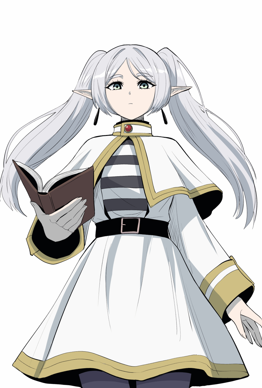 1girl absurdres belt black_belt black_pantyhose book capelet closed_mouth collar_jewel collared_capelet cowboy_shot earrings elf expressionless frieren gegegekman gem gold_trim highres holding holding_book jewelry long_hair looking_at_viewer open_book pantyhose pointy_ears red_gemstone shirt skirt skirt_set sousou_no_frieren striped_clothes striped_shirt twintails white_background white_capelet white_hair