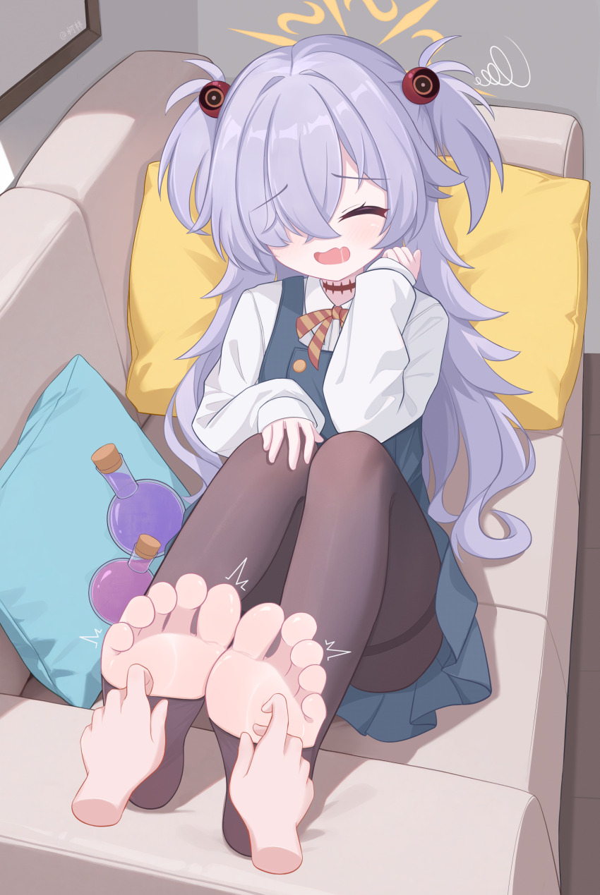 1girl ^^^ ^_^ absurdres artist_name barefoot black_pantyhose blue_archive blush brown_ribbon chinese_commentary closed_eyes collared_shirt commentary_request convenient_leg couch crossed_bangs disembodied_hand dress dutch_angle eugenecolin eyeball_hair_ornament eyelashes facing_viewer feet flask foot_focus full_body furrowed_brow grey_hair hair_intakes hair_over_one_eye halo hand_on_own_knee hands_up highres kanoe_(blue_archive) knees_up laughing long_bangs long_hair neck_ribbon on_couch one_eye_covered open_mouth orange_halo paid_reward_available pantyhose pillow pinafore_dress ribbon round-bottom_flask saliva school_uniform shirt sitting sleeveless sleeveless_dress sleeves_past_wrists soles solo squiggle thighband_pantyhose tickling tickling_feet toeless_legwear toes two_side_up variant_set very_long_hair wavy_mouth white_shirt
