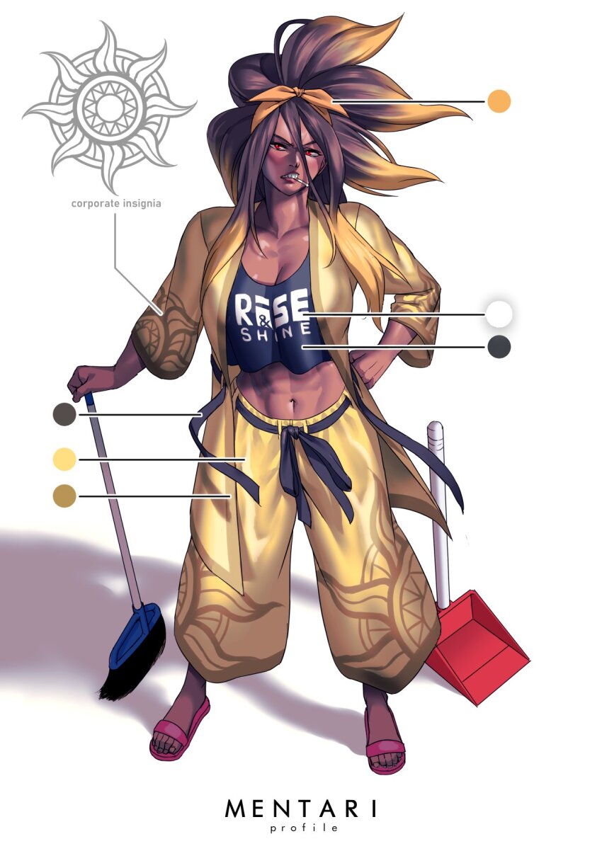 1girl abs breasts broom capri_pants character_name cigarette cleavage clothes_writing coat color_guide crop_top dark_skin feet hairband headband highres holding holding_broom insignia lips long_hair mentari_(phoebus_art) midriff multicolored_hair muscular original pants phoebus_art red_eyes sandals shadow shiny_skin shovel simple_background teeth toenails toes white_background wide_sleeves worktool yellow_hairband