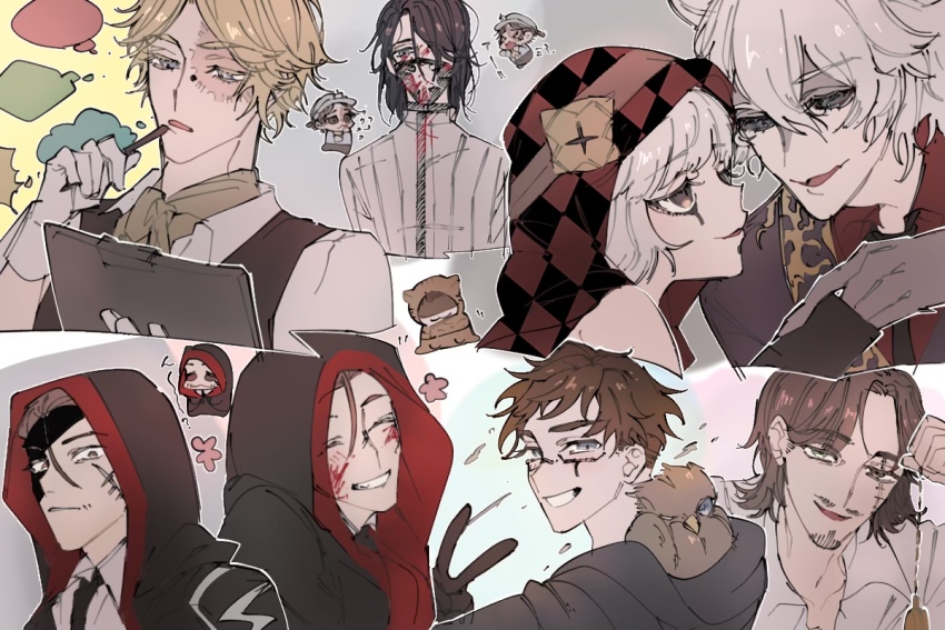 &gt;_&lt; 1girl 6+boys :3 aesop_carl aesop_carl_(rorschach_physician) argyle bird black_gloves black_hair black_necktie black_sclera blonde_hair blood blood_on_clothes blood_on_face brown_eyes brown_hair burn_scar character_request chibi clipboard collared_shirt colored_eyelashes colored_sclera eli_clark eli_clark_(longing_tiger) closed_eyes facial_hair facial_mark facial_scar flying_sweatdrops gloves green_eyes grey_eyes hair_between_eyes hair_over_one_eye heterochromia hood hood_down hood_up hoodie identity_v jose_baden male_focus mask medium_hair messy_hair mouth_mask multiple_boys naib_subedar naib_subedar_(hound) necktie norton_campbell norton_campbell_(magic_item_keeper) owl pocket_watch red_shirt scar scar_on_cheek scar_on_face shirt short_hair speech_bubble tracy_reznik_(red_riding_hood) v watch white_gloves white_hair wide-eyed wonakira