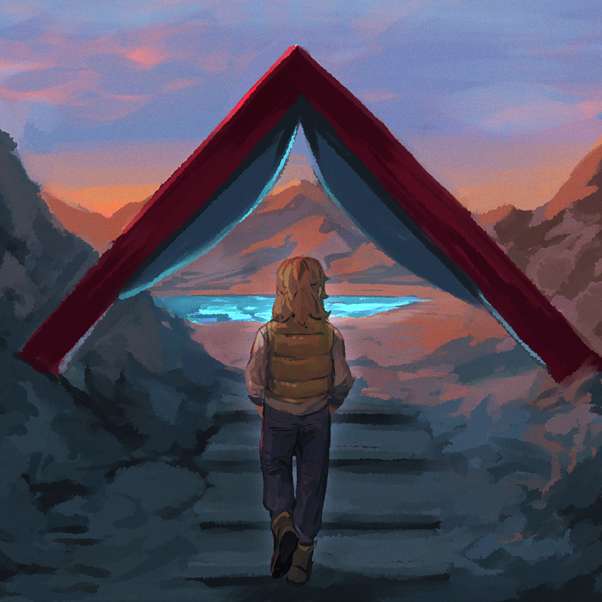 1boy arven_(pokemon) blonde_hair boots cloud commentary from_behind go-lurk highres male_focus medium_hair mountainous_horizon nintendo outdoors pants pokemon pokemon_sv shirt sky solo stairs standing twilight vest walking white_shirt yellow_vest