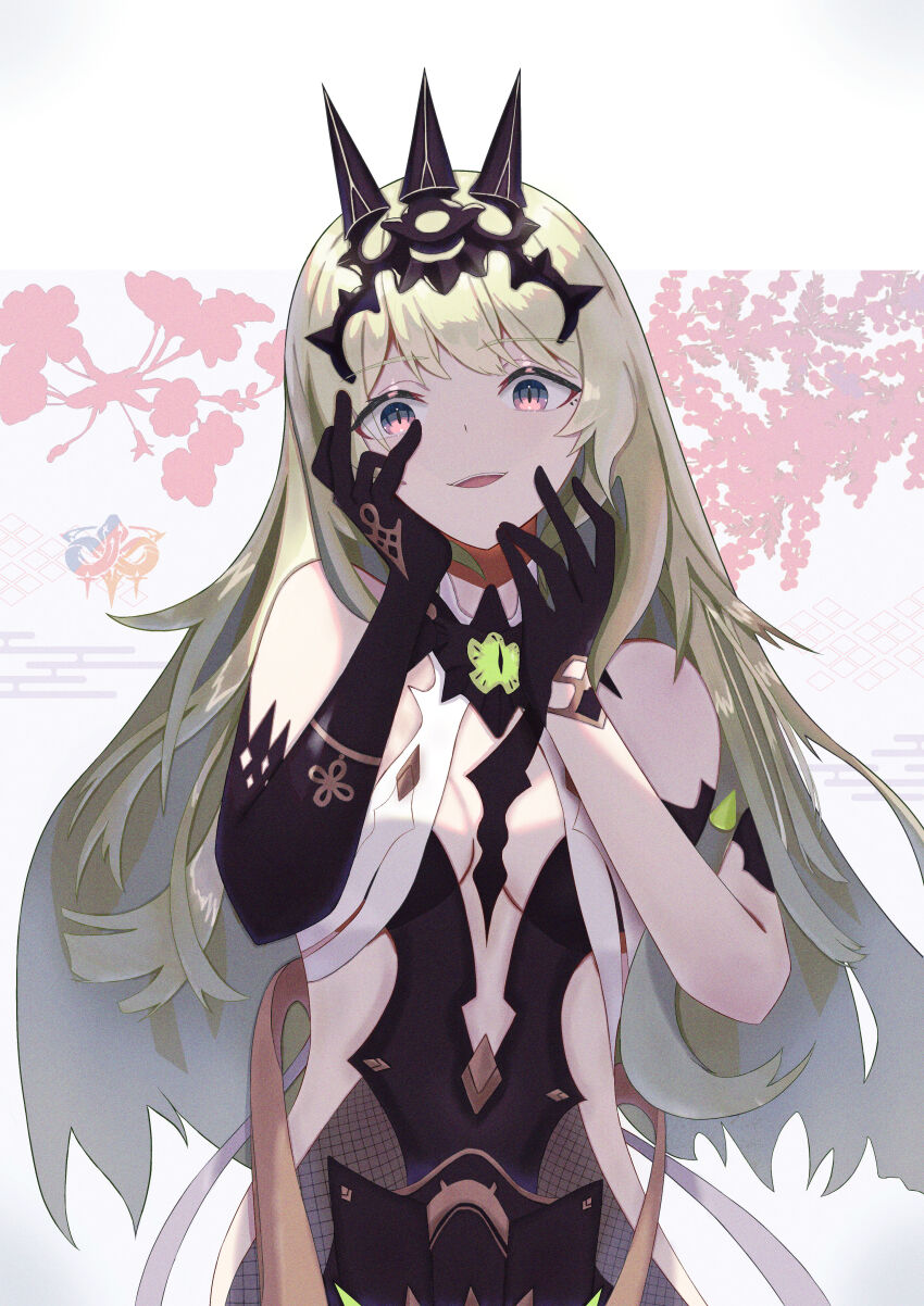 1girl absurdres bare_shoulders black_crown black_dress black_gloves chinese_commentary commentary crazy crown dress gloves green_eyes green_hair hands_on_own_face highres honkai_(series) honkai_impact_3rd long_hair looking_at_viewer mobius_(honkai_impact) multicolored_eyes nightstar open_mouth pink_eyes plunging_neckline signet_of_infinity slit_pupils two-tone_eyes upper_body