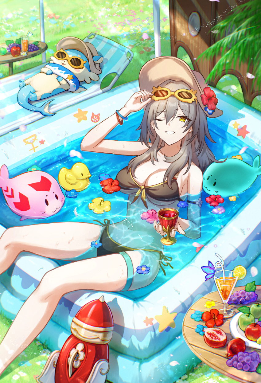1girl ;) absurdres adjusting_eyewear apple bikini black_bikini breasts chimera_(honkai:_star_rail) cleavage commentary_request cup drink eyewear_on_head food fruit grapes grass green_apple grey_hair hat highres holding holding_cup honkai:_star_rail honkai_(series) isome large_breasts lying navel one_eye_closed pool rubber_duck smile stelle_(honkai:_star_rail) stomach sun_hat sunglasses swimsuit thigh_strap trailblazer_(honkai:_star_rail)