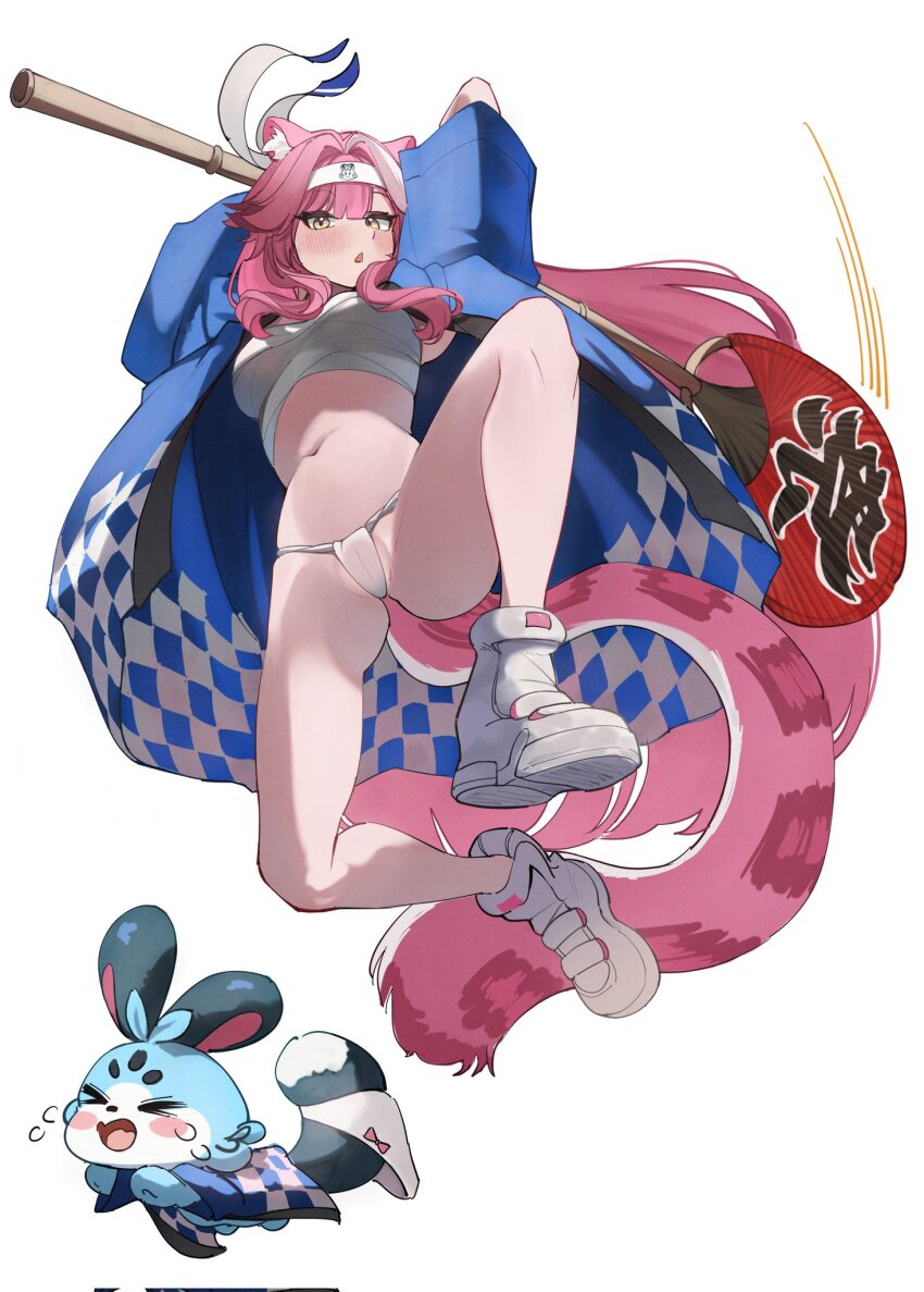 1girl alternate_costume animal_ear_fluff animal_ears ass bare_legs blue_happi cameltoe chattino_(raora_panthera) chest_sarashi commentary corrupted_twitter_file from_below full_body fundoshi hachimaki hair_flaps hair_intakes hand_fan happi headband highres holding holding_fan hololive hololive_english japanese_clothes jumping long_hair looking_at_viewer mr_thecatman multicolored_hair navel no_socks oversized_object panther_ears panther_girl panther_tail panties paper_fan parted_lips pink_hair raora_panthera rokushaku_fundoshi sarashi shoes simple_background sneakers solo stomach streaked_hair tail thighs uchiwa underwear unworn_panties very_long_hair virtual_youtuber white_background white_streaks yellow_eyes