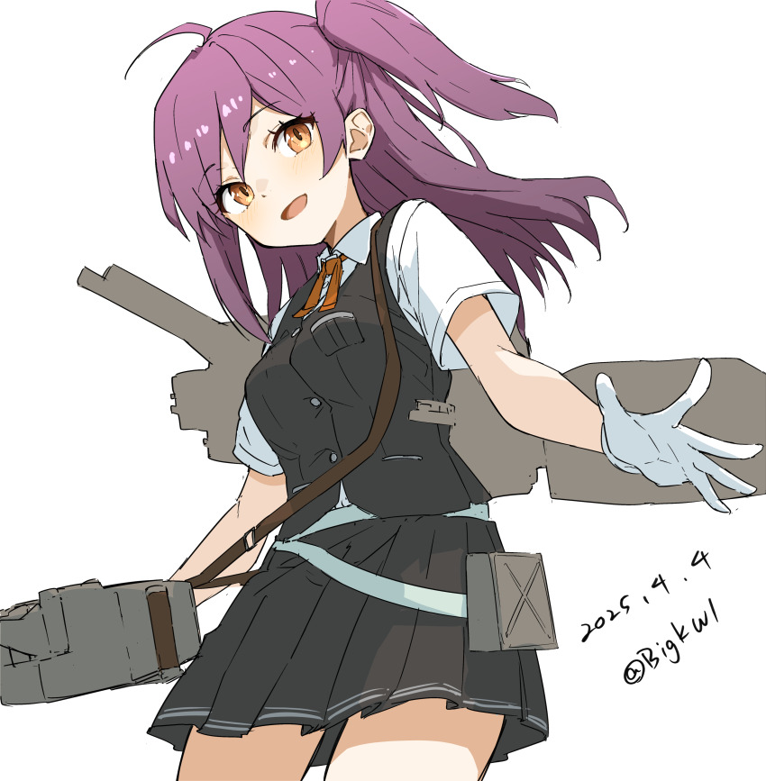 1girl absurdres adapted_turret ahoge artillery bigkwl black_skirt black_vest blouse blush breasts brown_eyes cannon gloves hagikaze_(kancolle) highres kantai_collection long_hair looking_at_viewer machinery neck_ribbon one_side_up open_mouth pleated_skirt purple_hair red_ribbon ribbon rigging school_uniform ship_turret shirt short_sleeves skirt smile smokestack solo torpedo_launcher torpedo_tubes vest white_gloves white_shirt