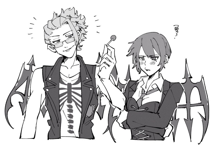 1boy 1girl black_suit black_vest black_wings blush candy collared_shirt corset crossed_arms ear_piercing eyebrows food formal_clothes glasses hair_ornament hair_over_one_eye highres holding holding_candy holding_food holding_lollipop kariya_koki lipstick lollipop makeup necktie piercing rectangular_eyewear shin_subarashiki_kono_sekai shirt short_hair smile spiked_wings subarashiki_kono_sekai suit upper_body vest white_shirt wings yashiro_uzuki