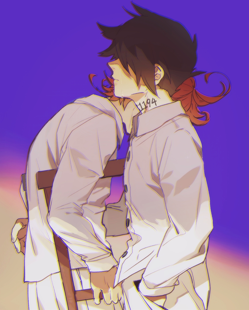 1boy 1girl black_hair buttons closed_mouth collared_shirt crutch emma_(yakusoku_no_neverland) from_side gradient_background highres imminent_hug long_sleeves neck_tattoo number_tattoo orange_hair pants qin_(7833198) ray_(yakusoku_no_neverland) shirt short_hair tattoo white_pants white_shirt yakusoku_no_neverland