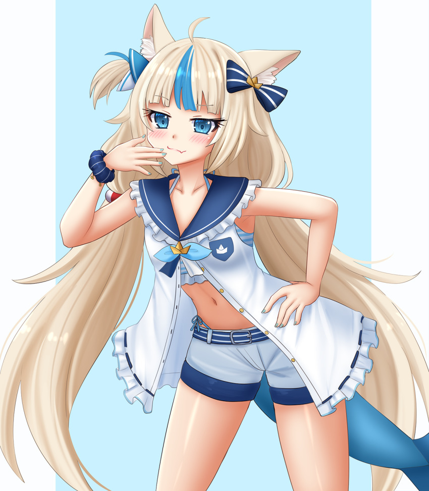1girl ahoge animal_ear_fluff animal_ears bikini bikini_under_clothes blue_background blue_eyes blue_hair blue_nails blue_sailor_collar brown_hair cat_ears commentary dress fins fish_tail frilled_dress frilled_sailor_collar frills hand_on_own_hip highleg highleg_bikini highres indie_virtual_youtuber kazenokaze leaning_forward long_hair looking_at_viewer multicolored_hair nail_polish navel one_side_up ribbon-trimmed_dress ribbon_trim sailor_collar sailor_dress sameko_saba short_shorts shorts side-tie_bikini_bottom sleeveless sleeveless_dress solo streaked_hair striped_bikini striped_clothes swimsuit tail very_long_hair virtual_youtuber white_dress white_shorts