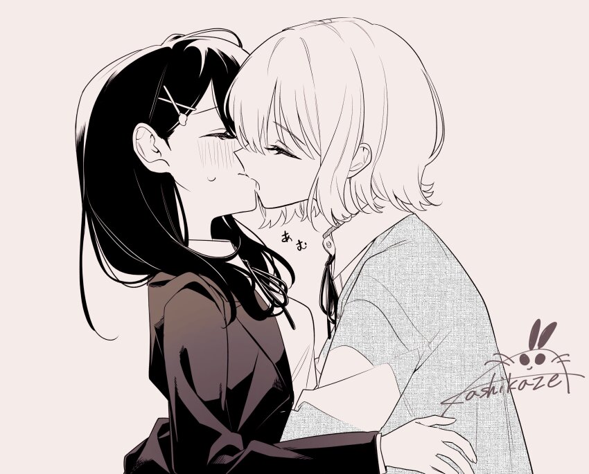 2girls absurdres blush closed_eyes cloud commentary_request hair_ornament hairclip highres honda_sakura kashikaze kiss lonely_girl_ni_sakaraenai long_hair multiple_girls open_mouth pocky_day sakurai_ayaka_(lonely_girl_ni_sakaraenai) school_uniform short_hair signature simple_background white_background yuri