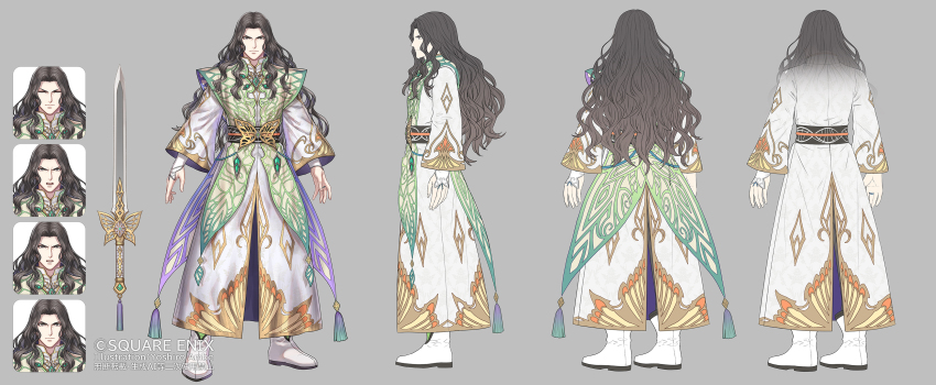 1boy absurdres anbe_yoshirou angry ankle_boots artist_name black_sash boots closed_eyes closed_mouth coat commentary_request copyright_notice curtained_hair expressionless full_body grey_background grey_hair highres long_hair long_sleeves male_focus multiple_expressions official_art open_mouth romancing_saga_2 saga sash standing sword wagnas wavy_hair weapon white_boots white_coat wide_sleeves