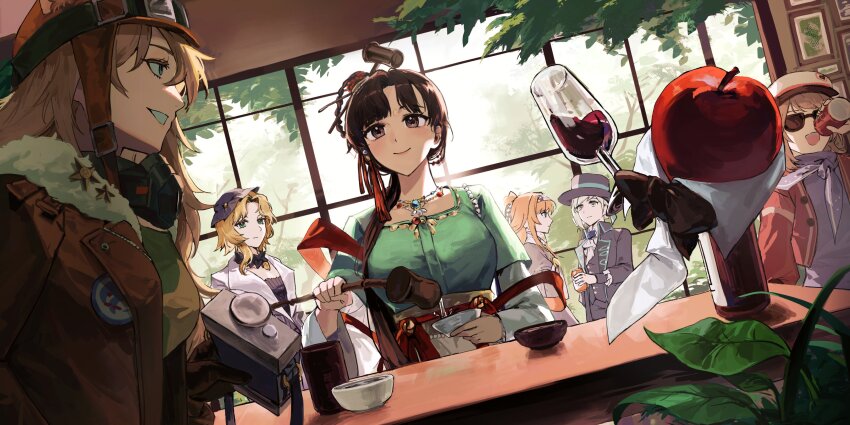 6+girls absurdres alcohol apple apple_(reverse:1999) ascot aviator_cap black_bow black_bowtie black_coat black_eyes black_hair black_hat blonde_hair blue_dress blue_eyes blue_hat blue_neckerchief boater_hat bow bowl bowtie brown_gloves brown_hat brown_jacket newsboy_cap can canteen chinese_clothes coat cup day dipper dress drink_can drinking drinking_glass druvis_iii dutch_angle facial_mark food forehead_mark fruit fur-trimmed_jacket fur_trim gloves goggles goggles_on_headwear green_eyes green_shirt grey_eyes grey_hair grin gyeol_124 hair_bun hair_ornament hair_over_shoulder hand_up hanfu hat highres holding holding_bowl holding_can holding_canteen holding_spoon indoors jacket jewelry jiu_niangzi layered_sleeves lilya_(reverse:1999) long_hair long_sleeves looking_at_another looking_up mask mask_around_neck multiple_girls neckerchief necklace open_mouth orange_hair oxygen_mask parted_bangs plant pouring profile red_jacket red_shawl regulus_(reverse:1999) reverse:1999 shawl shirt short_over_long_sleeves short_sleeves single_side_bun smile soda_can sonetto_(reverse:1999) spoon sunglasses table tassel tassel_hair_ornament teeth traditional_bowtie upper_body vertin_(reverse:1999) white_ascot white_dress white_shirt white_sleeves window wine wine_glass