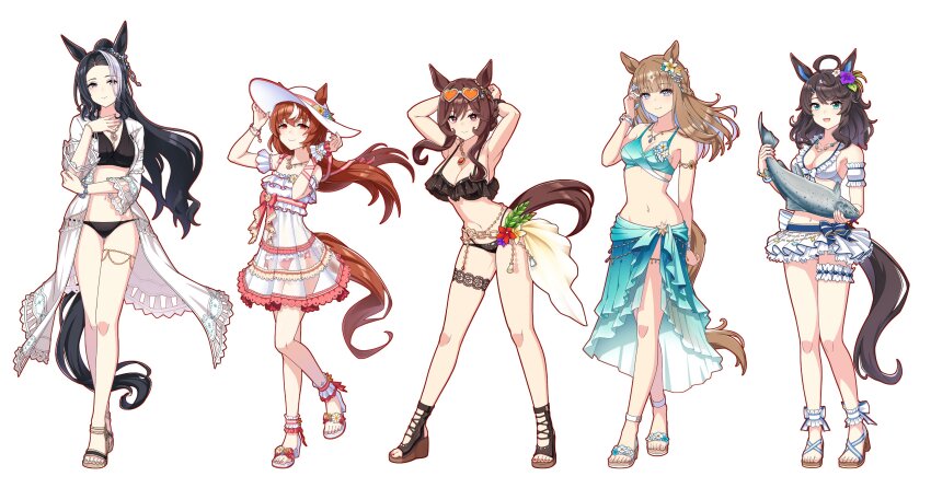 5girls absurdres ahoge almond_eye_(umamusume) alternate_costume alternate_hairstyle animal_ears armpits arms_behind_back arms_behind_head arms_up bails bare_legs bikini black_bikini black_hair blue_eyes blunt_bangs blush braid braided_hair_rings breasts brown_hair chain cleavage collarbone cosplay daring_tact_(umamusume) ear_ornament eishin_flash_(umamusume) eishin_flash_(umamusume)_(cosplay) eyewear_on_head fish flower frilled_bikini frilled_thigh_strap frills full_body gentildonna_(umamusume) hair_between_eyes hair_flower hair_ornament hair_rings hairclip hat heart heart-shaped_eyewear highres holding horse_ears horse_girl horse_tail jewelry large_breasts long_hair looking_at_viewer maruzensky_(blasting_off_summer_night)_(umamusume) maruzensky_(umamusume) maruzensky_(umamusume)_(cosplay) medium_breasts mejiro_mcqueen_(ripple_fairlady)_(umamusume) mejiro_mcqueen_(umamusume) multicolored_hair multiple_girls nail_polish navel necklace ponytail red_eyes red_nails sandals sarong see-through_clothes silence_suzuka_(emerald_on_the_waves)_(umamusume) silence_suzuka_(umamusume) silence_suzuka_(umamusume)_(cosplay) simple_background small_breasts smile standing standing_on_one_leg star_(symbol) star_hair_ornament still_in_love_(umamusume) stomach streaked_hair sunglasses swimsuit tail thigh_strap toenail_polish toenails tracen_swimsuit umamusume white-framed_eyewear white_background white_hair