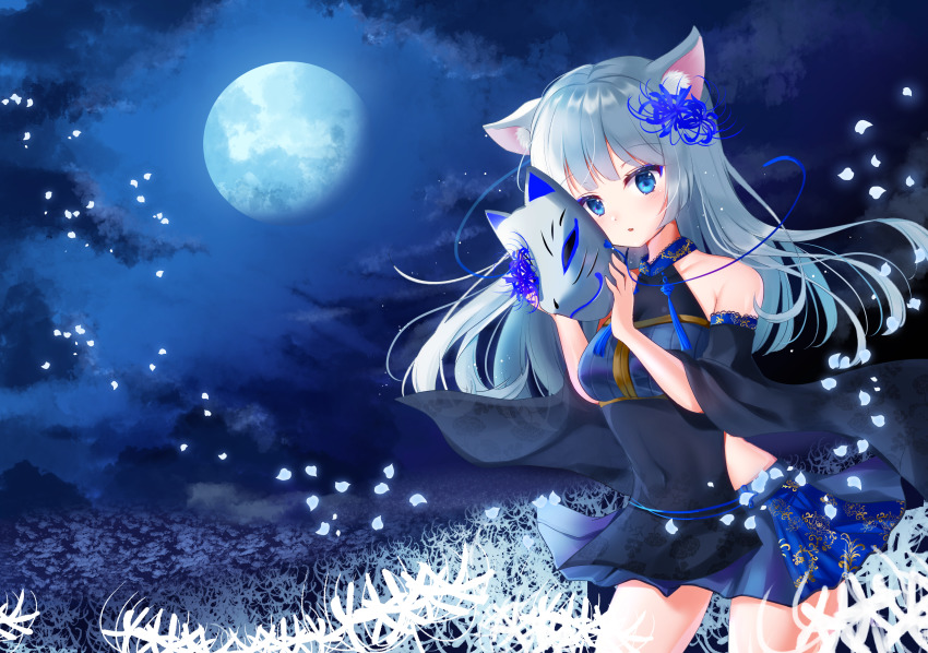 1girl absurdres animal_ear_fluff animal_ears bare_shoulders black_dress blue_eyes blue_flower blue_skirt blue_spider_lily breasts cleavage cloud cloudy_sky commentary_request covered_navel dress flower fox_mask full_moon glowing glowing_petals hair_flower hair_ornament highres holding holding_mask long_hair looking_at_viewer mask moon night night_sky original outdoors parted_lips petals pleated_skirt see-through_clothes see-through_cleavage silver_hair skirt sky sleeveless sleeveless_dress small_breasts solo spider_lily tsukimiya_sara white_flower white_spider_lily