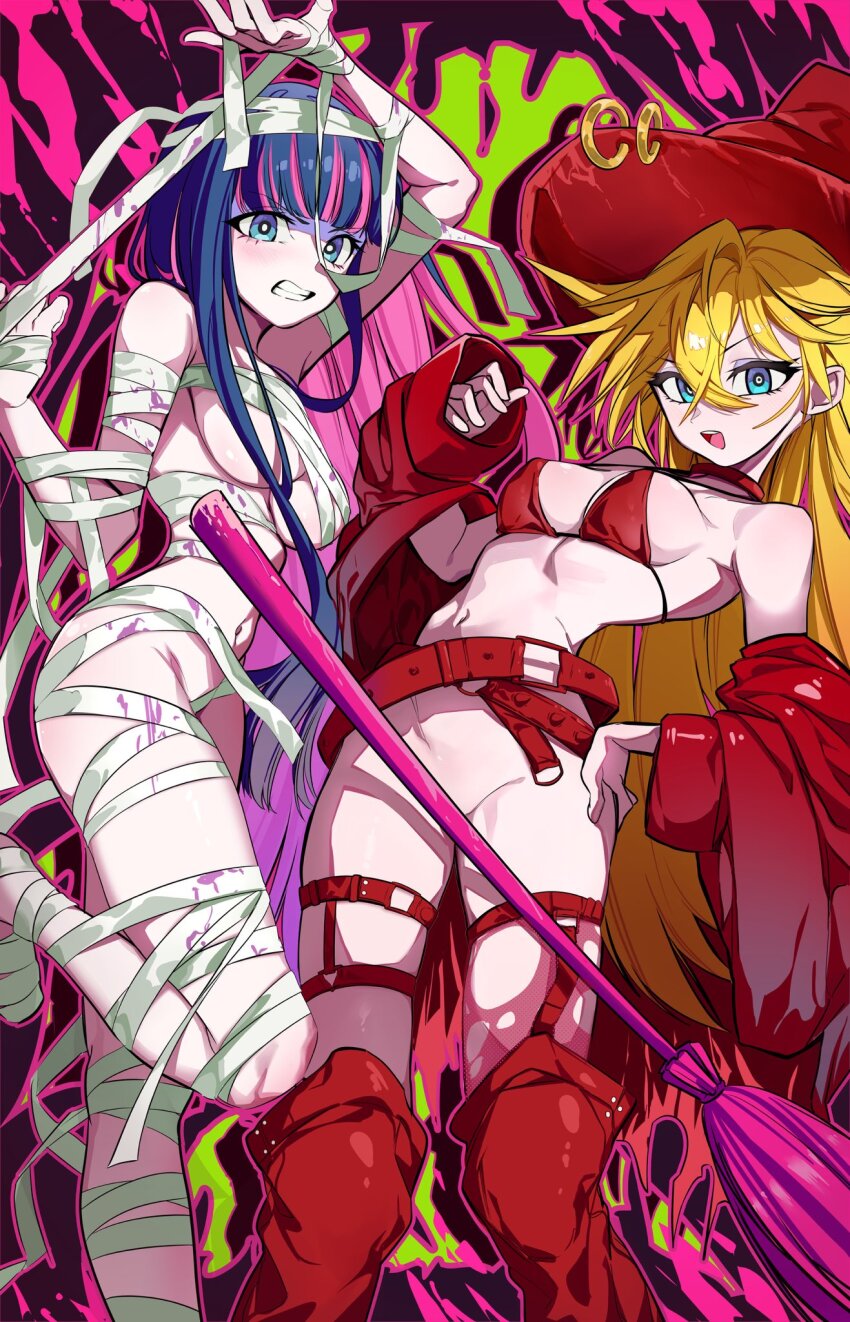 2girls bandages blonde_hair blue_hair bra broom convenient_censoring hat highres long_hair multicolored_hair multiple_girls mummy_costume naked_bandage navel no_panties panty_&amp;_stocking_with_garterbelt panty_(psg) pink_hair red_bra stocking_(psg) thigh_strap two-tone_hair underwear uuunagidon very_long_hair witch witch_hat
