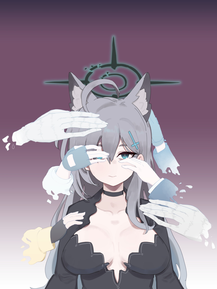 1boy 5girls absurdres ahoge animal_ear_fluff animal_ears ayane_(blue_archive) black_choker black_dress black_gloves black_halo blue_archive blue_eyes breasts breasts_apart broken_halo choker closed_mouth collarbone commentary cross cross_hair_ornament disembodied_hand dress empty_eyes fingerless_gloves foreclosure_task_force_(blue_archive) gloves grey_hair hair_between_eyes hair_ornament halo highres hoshino_(blue_archive) large_breasts latin_cross long_hair lulubelleiii multiple_girls nonomi_(blue_archive) phrenapates_(blue_archive) serika_(blue_archive) shiroko_(blue_archive) shiroko_terror_(blue_archive) solo_focus wolf_ears wolf_girl
