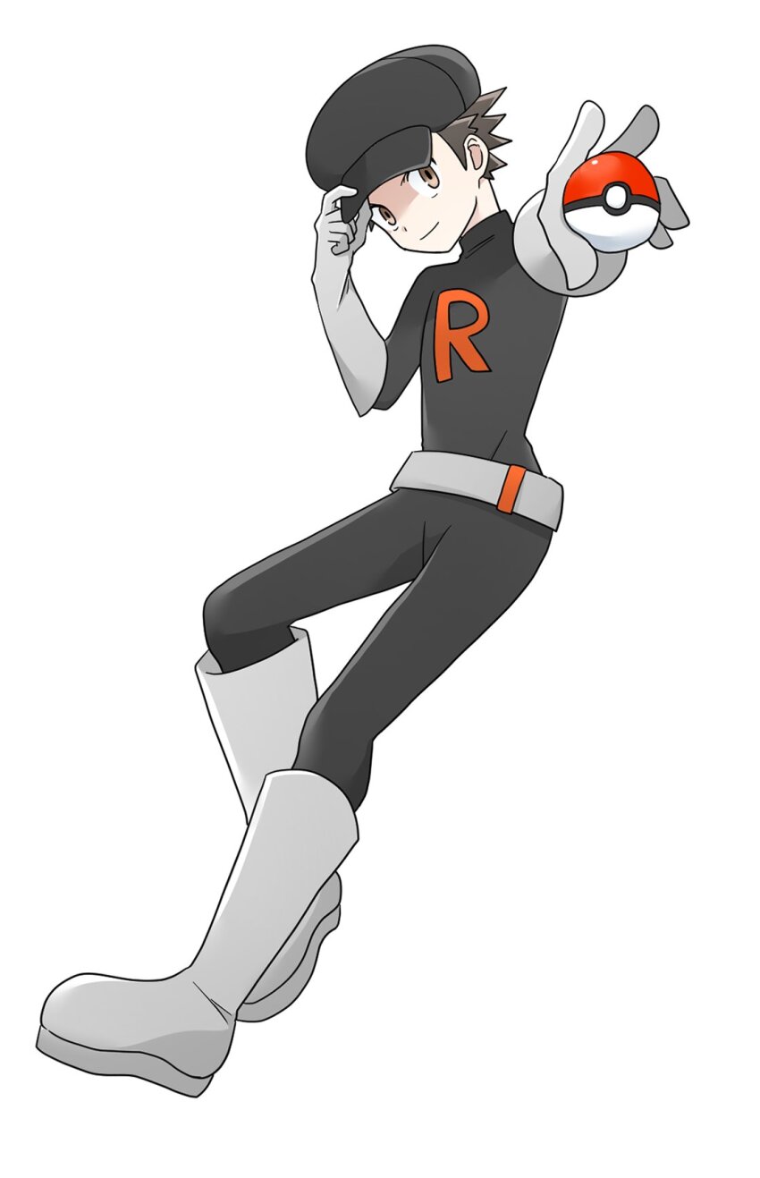 1boy adjusting_clothes adjusting_headwear belt black_bodysuit black_hat bodysuit brown_eyes closed_mouth cosplay foreshortening full_body gloves grey_belt grey_footwear grey_gloves hat highres holding holding_poke_ball looking_at_viewer male_focus mashiro_eaka nintendo poke_ball poke_ball_(basic) pokemon pokemon_frlg red_(pokemon) simple_background smile solo team_rocket team_rocket_grunt team_rocket_grunt_(cosplay) team_rocket_uniform white_background