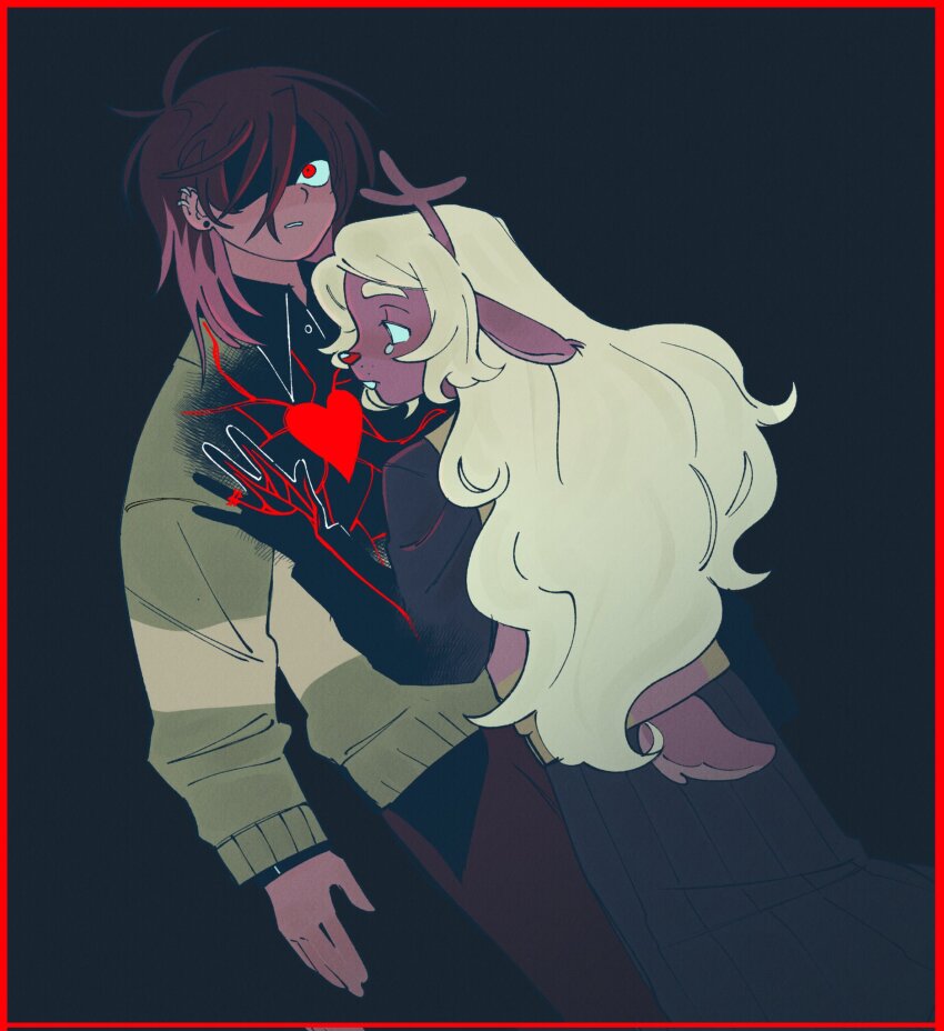 1girl 1other animal_ears antlers black_background black_shirt blank_eyes blonde_hair brown_fur brown_hair brown_pants buck_teeth checkered_clothes checkered_sweater_vest checkered_vest closed_mouth collared_shirt cosplay deer_antlers deer_ears deer_tail deltarune ear_piercing expressionless freckles furry furry_female glowing_heart glowing_veins green_sweater hand_on_another&#039;s_chest height_difference highres horns jewelry kris_(deltarune) long_hair long_sleeves medium_hair mind_control nanaranjal no_pupils noelle_holiday noelle_holiday_(cosplay) pants parted_lips partially_shaded_face piercing pleated_skirt possessed red_eyes reindeer_girl ring shirt shirt_under_sweater single_horizontal_stripe skirt spoilers striped_clothes sweater tail tearing_up teeth two-tone_sweater_vest vest wavy_hair weird_route_(deltarune)