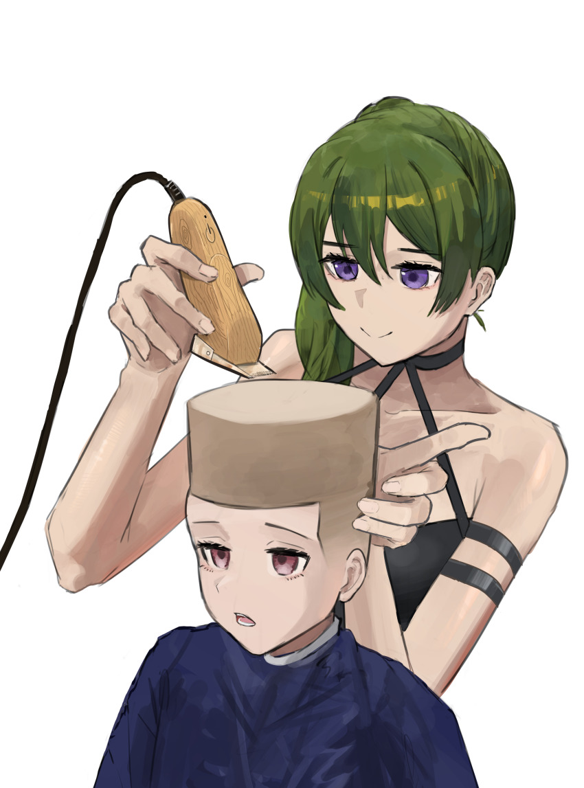 2girls absurdres alternate_hairstyle barber_cape black_dress black_gloves black_nails blue_cape brown_hair cape choso_giving_toudou_a_haircut_(meme) closed_mouth commentary cutting_another&#039;s_hair cutting_hair dress electric_razor fade_(haircut) gloves green_hair highres hyuzky meme multiple_girls nail_polish open_mouth parted_lips purple_eyes razor sense_(sousou_no_frieren) short_hair side_ponytail simple_background single_glove smile sousou_no_frieren ubel_(sousou_no_frieren) white_background