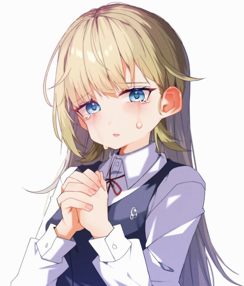 1girl blue_eyes cattleya_regina_games crying green_hair hanabusa_lisa highres interlocked_fingers long_hair long_sleeves looking_at_viewer neck_ribbon parted_lips pointy_hair ribbon shirt simple_background solo streaming_tears tears temari_maco vest virtual_youtuber vspo! white_background white_shirt