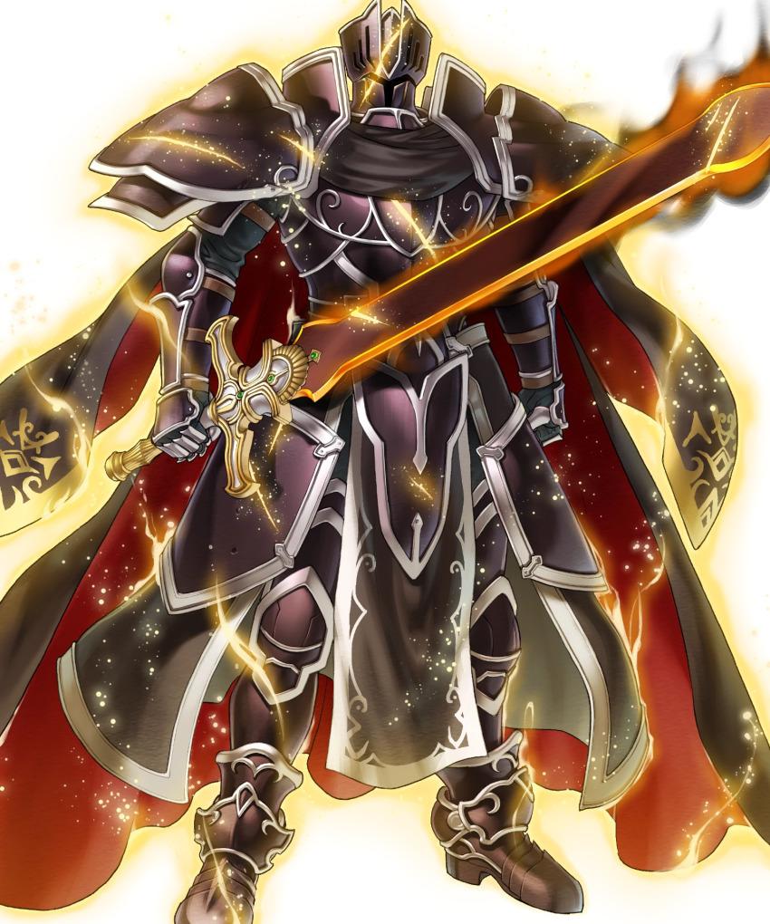 1boy armor aura black_armor black_cape black_knight_(fire_emblem) black_knight_(mortal_legend)_(fire_emblem) cape cracked_armor fire_emblem fire_emblem:_path_of_radiance fire_emblem:_radiant_dawn fire_emblem_heroes full_armor glowing glowing_cracks glowing_sword glowing_weapon greatsword highres holding holding_sword holding_weapon kita_senri looking_at_viewer nintendo non-web_source red_cape solo sword tachi-e two-sided_cape two-sided_fabric weapon