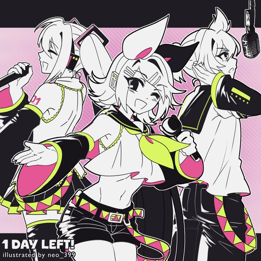 1boy 2girls :d ;d ^_^ arm_tattoo artist_name belt boots bow closed_eyes commentary countdown detached_sleeves english_commentary hair_bow hair_ornament hairclip hatsune_miku highres holding holding_microphone kagamine_len kagamine_rin limited_palette looking_at_viewer microphone multiple_girls navel neckerchief neo_(neo_399) number_tattoo one_eye_closed open_mouth profile sailor_collar second-party_source shirt shorts sleeveless sleeveless_shirt smile studio_microphone tattoo thigh_boots twintails vocaloid