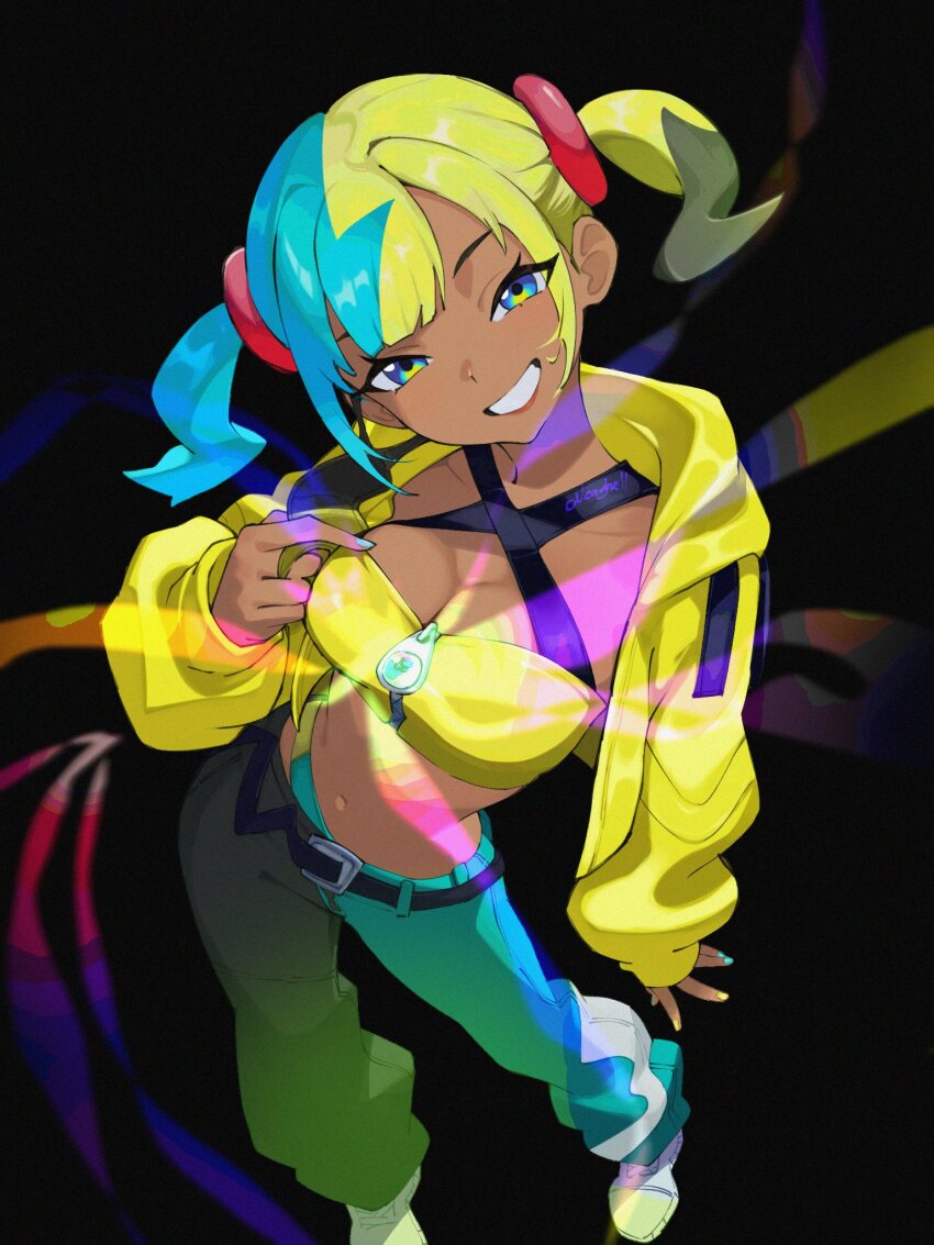 1girl aqua_hair belt blonde_hair blue_eyes breasts canari_(pokemon) cleavage contrapposto from_above grin highres medium_breasts multicolored_nails neaghelly_stn nintendo pants pokemon pokemon_legends:_z-a smile solo standing twintails two-tone_pants